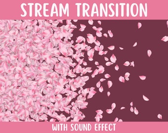 May include: Pink flower petals falling from the top of the screen to the bottom, with the text "STREAM TRANSITION WITH SOUND EFFECT" at the top and bottom of the image.