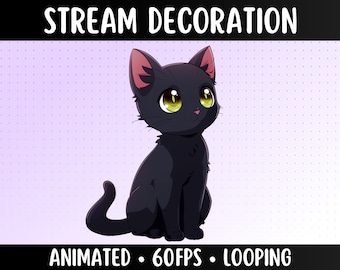 Animated Black Cat | Green Yellow Eyes Kitten Stream Decoration | Streamer Pet
