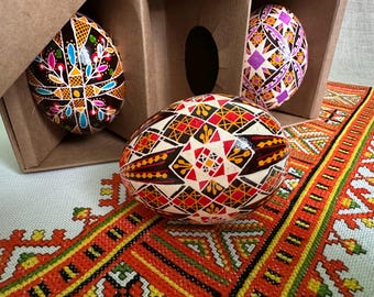 Gift set, 3 Easter eggs. Real Ukrainian pysanka, wax technique, chicken egg. Made in Ukraine.