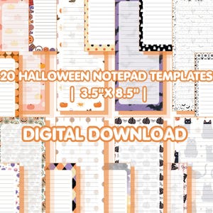 May include: A collection of 20 Halloween notepad templates measuring 8.9 cm by 21.6 cm, featuring various seasonal patterns including pumpkins, ghosts, cats, and moons. This digital download includes lined paper designs with decorative borders.