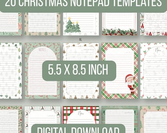 Könnte beinhalten: Eine Sammlung von 20 Weihnachts-Notizblockvorlagen mit den Maßen 13,97 x 21,59 cm, die verschiedene weihnachtliche Ränder und Illustrationen wie Weihnachtsmann, Tannenbäume, Weihnachtssterne, Geschenke und Zuckerstangen auf linierten Blättern zeigen.