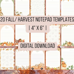 Peut inclure: Une collection de 20 modèles de blocs-notes sur le thème de l'automne et de la récolte, mesurant 10,16 cm sur 15,24 cm. Les designs présentent du papier ligné avec des illustrations à l'aquarelle de citrouilles, feuilles, cornes d'abondance et camions. Texte : 20 FALL/ HARVEST NOTEPAD TEMPLATES | 4" X 6" | DIGITAL DOWNLOAD.