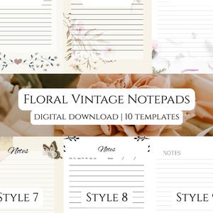 Könnte beinhalten: Eine Sammlung von zehn floralen Vintage-Notizblockvorlagen. Jedes Notizblockdesign verfügt über linierte Seiten mit dekorativen floralen Akzenten und dem Wort "Notizen" oben. Die Designs umfassen Schmetterlinge, Herzen und verschiedene Blumenarrangements.