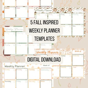 May include: Five digital weekly planner templates featuring fall-themed designs with pumpkins and autumn leaves. Each template includes sections for days of the week and notes. The text 5 FALL INSPIRED WEEKLY PLANNER TEMPLATES DIGITAL DOWNLOAD is centered.