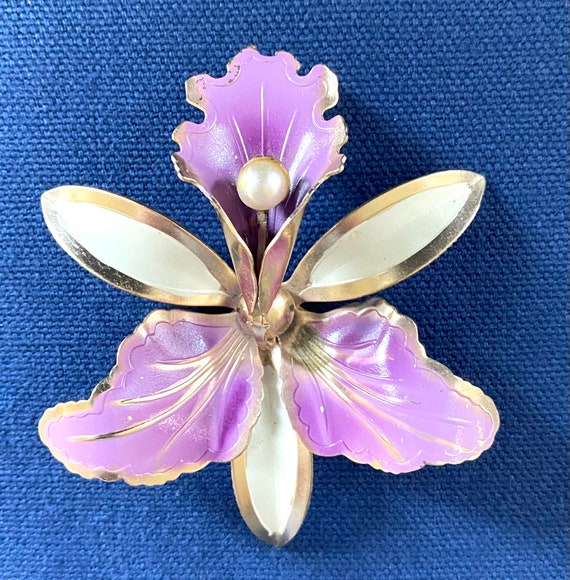 Vintage Enamel Orchid Brooch