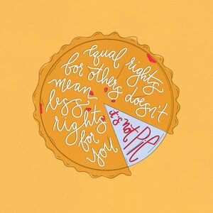 May include: A pie with a crust that has the words "equal rights for others doesn't mean less rights for you" written on it. A slice of the pie is missing and the words "it's not pie" are written on the missing slice.