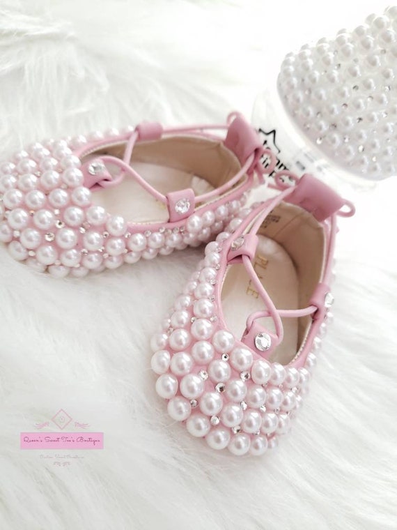 Pearl baby shoes and pearl bling bottle 