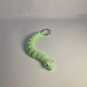Op de afbeelding: Een lichtgroene, gesegmenteerde slangvormige sleutelhanger. De slang heeft kleine, zwarte ogen en een zilveren sleutelring aan zijn staart. Het speelgoed is gemaakt van een zacht, flexibel materiaal.