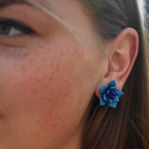 Blue succulent stud earrings for women - Miniature succulent gift - Stainless still