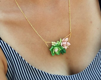 Handmade Polymer Clay Succulent Necklace: Botanical Jewelry
