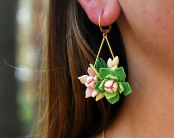 Green Succulent earrings for women -Stainless still and polymer clay - Succulent gift idea!