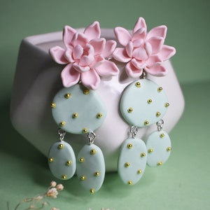 Cool cactus earrings - Blossom cactus clay earrings - Stainless still and polymer clay - Succulent gift idea