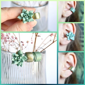 Clay Succulent Ear Cuff | Mint Succulent Cuff Earrings | No Piercing Needed | Cool Plant Ear Cuff | Gift for Plant Lovers