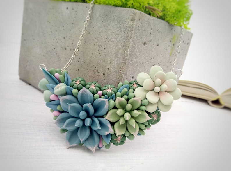 Blue green succulents necklace. Woodland cactus necklace. Etsy