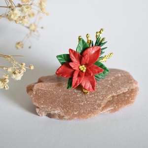 Polymer Clay Christmas Ring: Red Poinsettia Flower Statement Ring
