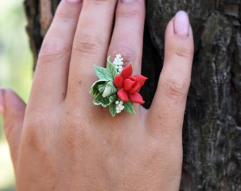 Red green succulent ring for women - Stainless still and polymer clay - Unique gift for her