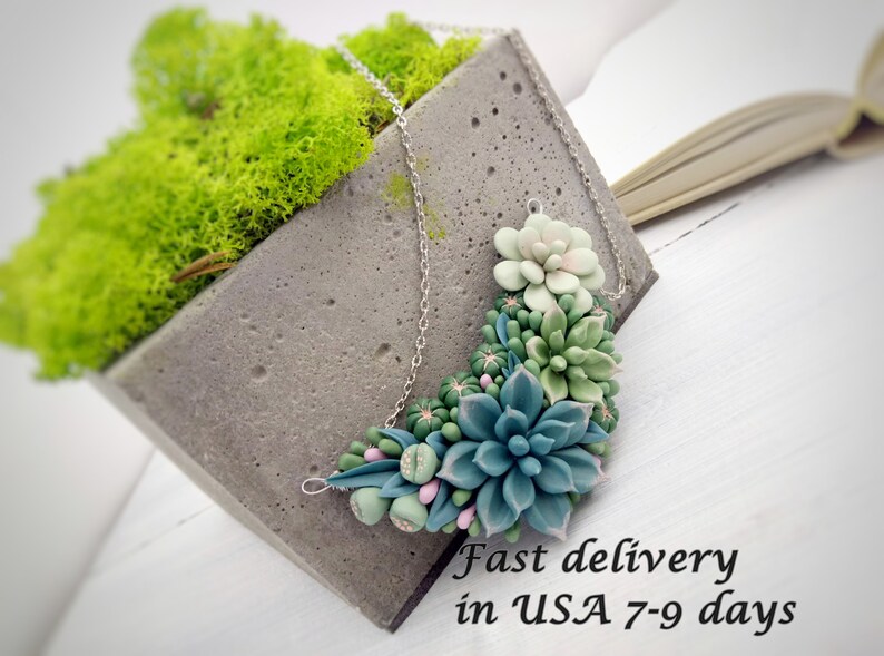 Blue green succulents necklace. Woodland cactus necklace. Etsy