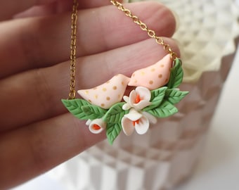 Delicate Flowers Bird Necklace,  Unique Floral Jewelry, Nature Inspired Pendant,  Botanical Gift for Her