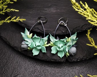 Mint green succulent earrings for women -Stainless still and polymer clay - Succulent gift idea!