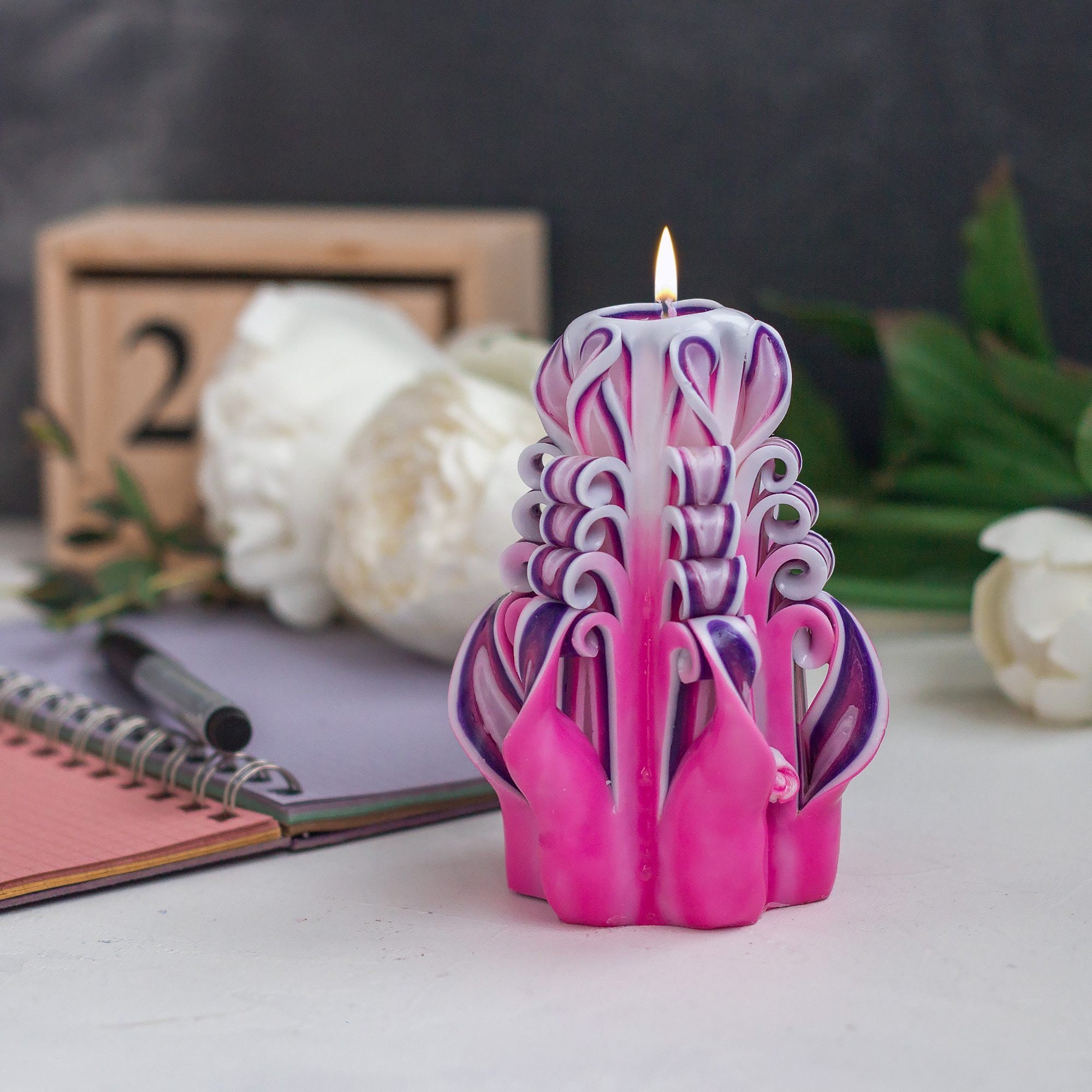 Hand carved candles by Size 5/12 cm White Pink & Etsy