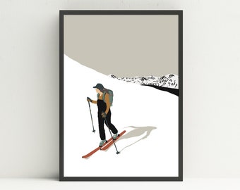 Ski Touring Woman Art Print, Backcountry Skiing Wall Art, Outdoor Illustration, Ski Cabin Decor