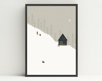 Mountain Cabin Sledding Art Print, Ski Cabin Decor Ski Print, Mountain Illustration, Sledding Art