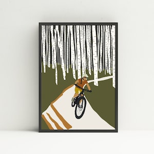 Mountain Bike Art in Aspen Trees, Outdoor Illustration Wall Art, Adventure Art Print