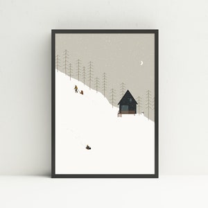 Mountain Cabin Sledding Art Print, Ski Cabin Decor Ski Print, Mountain Illustration, Sledding Art