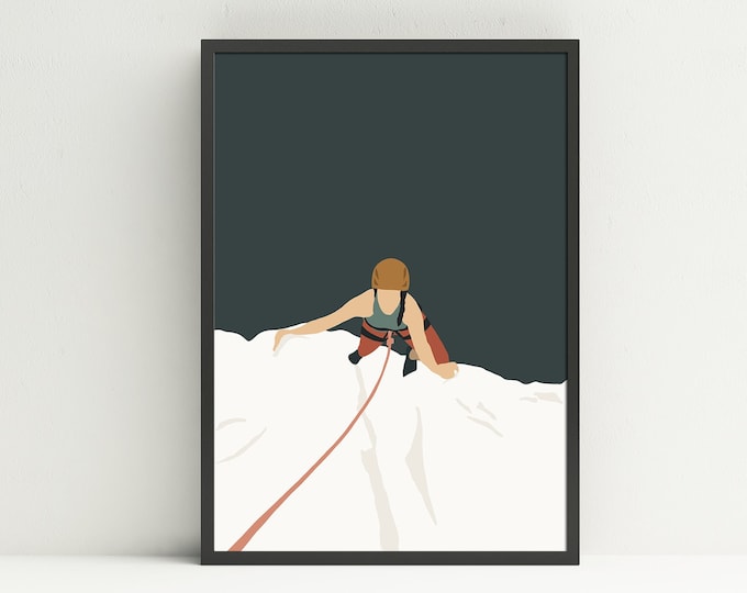 Rock Climber Woman on a Cliff, Rock Climbing Art Print, Cabin Decor