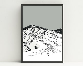 Rocky Snowy Winter Mountain Art Print, Ski Cabin Wall Art and Winter Mountain Illustration