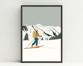 Rocky Mountain Ski Tour Woman in Blue, Backcountry Skiing Art Print, Ski Cabin Decor