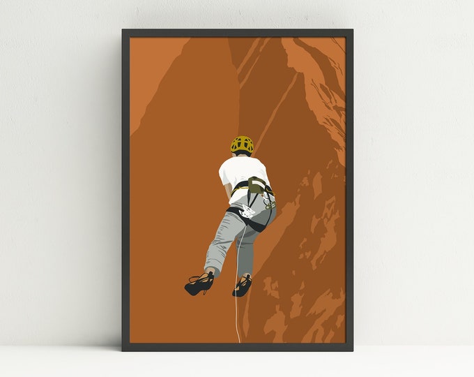 Rock Climber Man on Sandstone Crack Climb Art Print, Rock Climbing Illustration and Wall Art