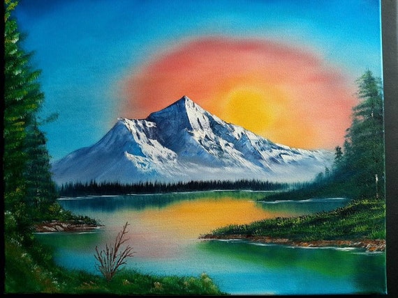 Oil on Canvas Bob Ross Style 16x 20 Original Oil Painting |Monochrome Mountain Landscape Painting