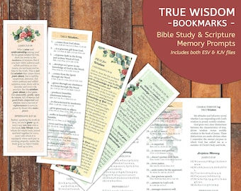 True Wisdom Bible Study Bookmarks - Scripture Memory Prompts - Printable Bible Verse Bookmarks in KJV and ESV