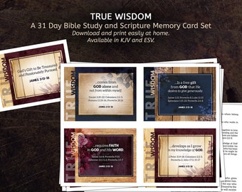 True Wisdom Bible Study and Memory Card Set - Scripture Flash Cards - 31 Bible Study Cards on Wisdom - James 3 - KJV and ESV