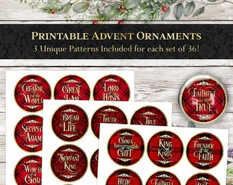 36 Printable Ornament Designs - Red, Gold, Black - Advent - Christmas Tree Ornaments - Names of Jesus Advent