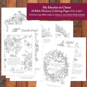 Páginas para colorir Minha Identidade em Cristo - Páginas para colorir da memória da Bíblia - Escrituras para impressão - Livro para colorir para adultos - ESV - KJV
