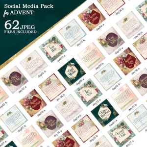 May include: A set of 62 digital images for social media featuring a Christmas theme with a variety of verses and quotes about the birth of Jesus. The images are in a vintage style with a gold and green color scheme.