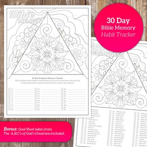 May include: A black and white printable coloring page with a 30-day Bible memory habit tracker. The page features a triangle design with flowers and the words "Bible Memory" and "Road to Greatness".