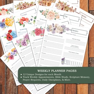 May include: A set of 12 printable weekly planner pages featuring floral designs and a variety of sections for appointments, Bible study, scripture memory, prayer requests, and daily disciplines. The pages are designed for personal use and can be printed at home.