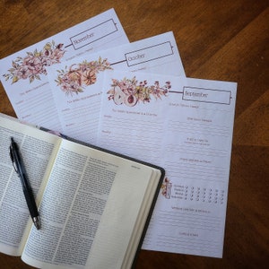 May include: Three printable monthly planner pages with floral illustrations. The pages are titled "September", "October", and "November". Each page includes sections for Scripture Memory Passage, Bible Study Passage, Truth to Dwell On, Prayer Requests & Praise, Weekend Gratitude & Reflection, and Looking Ahead.