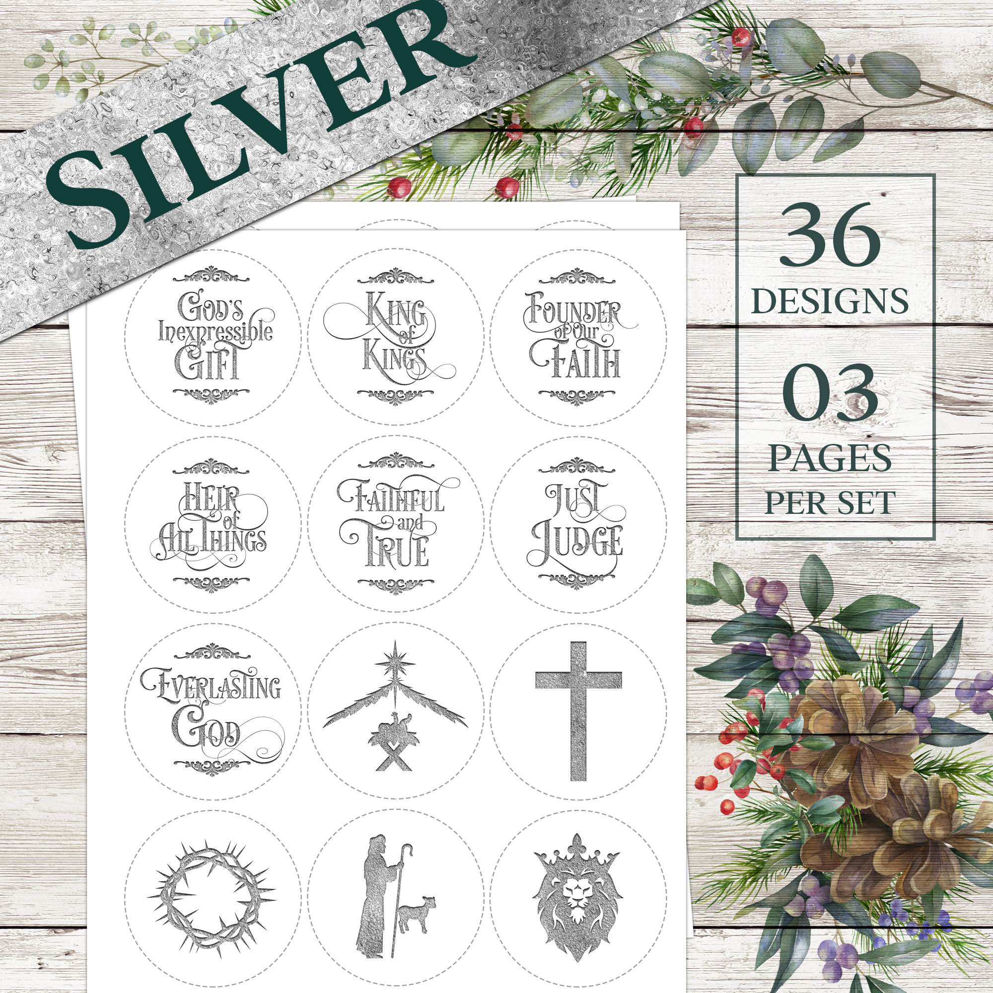 36 Printable Ornaments in 4 Designs Red, Gold, Silver, and Black Text ...