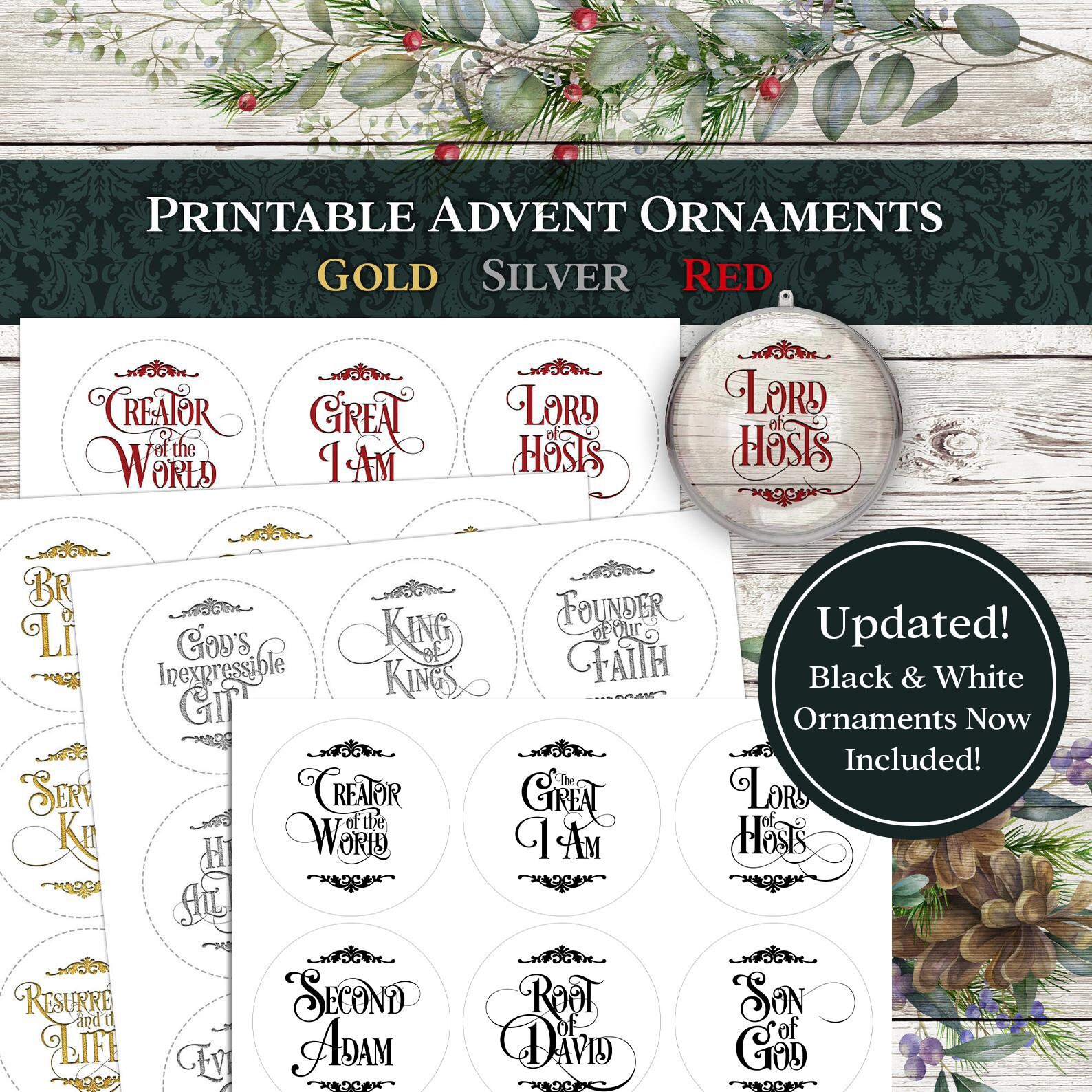 36 Printable Ornaments in 4 Designs - Red, Gold, Silver, and Black Text - Advent - Christmas Tree Ornaments - Names of Jesus Advent