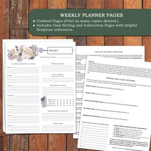 May include: Printable weekly planner pages with floral design. Includes goal setting and instruction pages with scripture references. The planner is undated and can be printed as many times as needed.