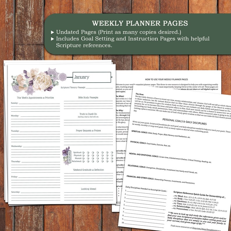 May include: Printable weekly planner pages with floral design. Includes goal setting and instruction pages with scripture references. The planner is undated and can be printed as many times as needed.