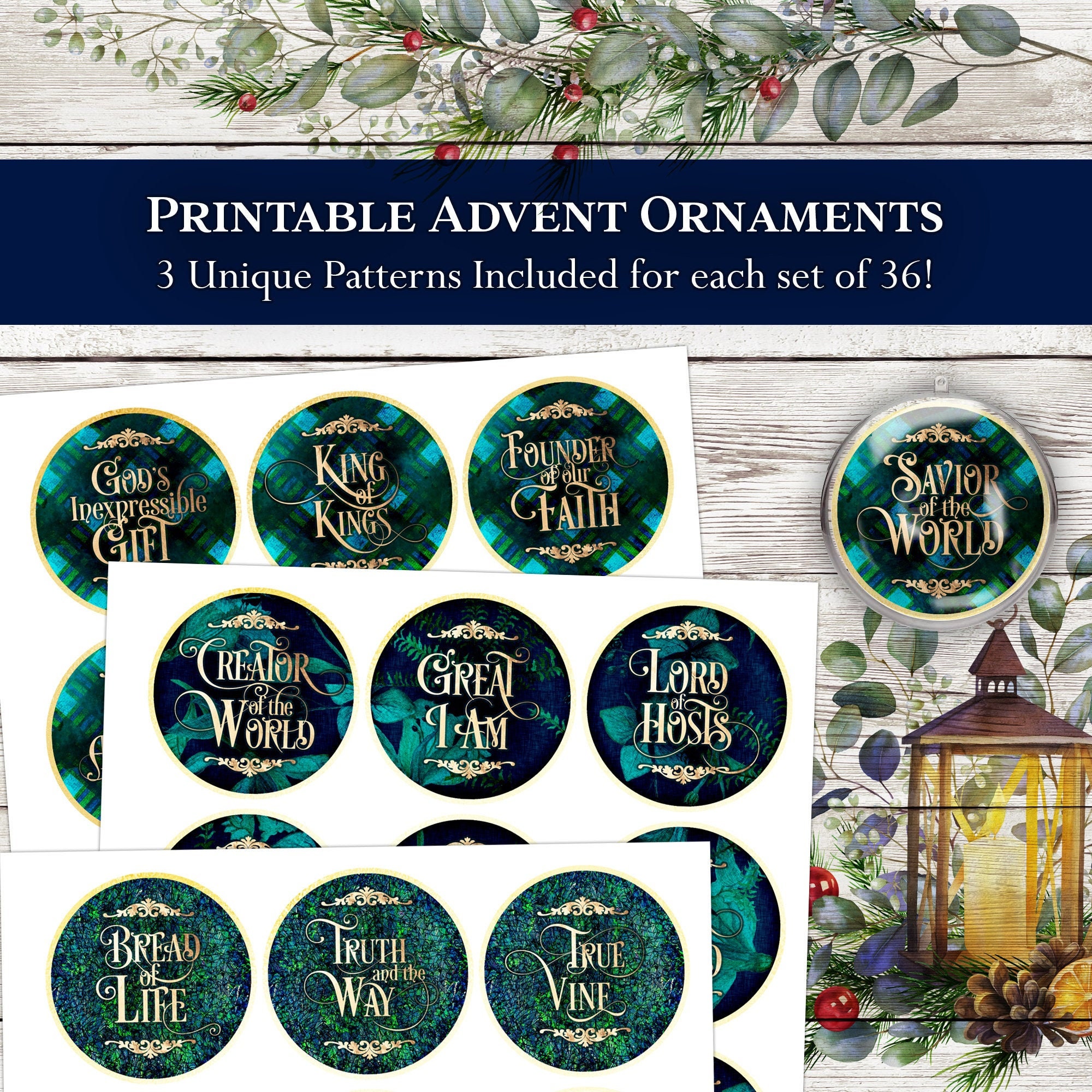 36 Printable Ornament Designs Navy, Gold, Green Advent Christmas Tree ...