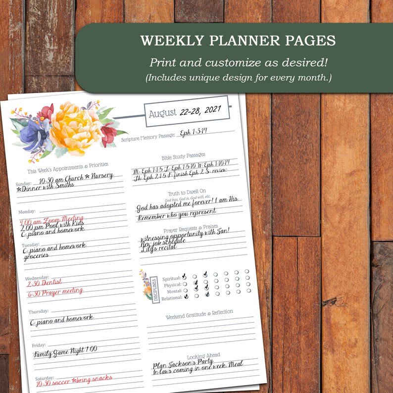 May include: A weekly planner page with a floral design. The page is for the week of August 22-28, 2021. The page includes space for appointments, priorities, Bible study passages, prayer requests, and a gratitude reflection.