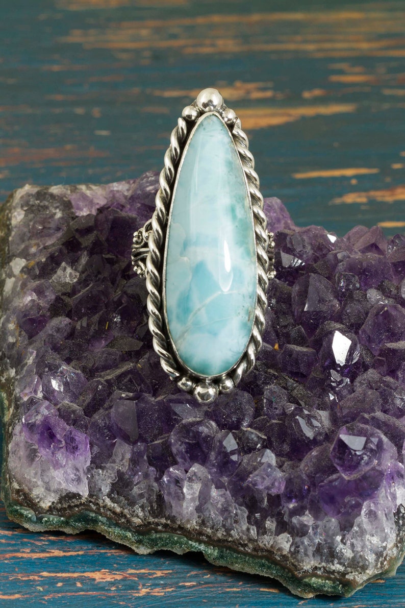 Silver Larimar Ring 7 US Boho Jewelry Blue Ring Silver Ring Best Friend Gift Larimar Jewelry Statement Ring Stone Ring