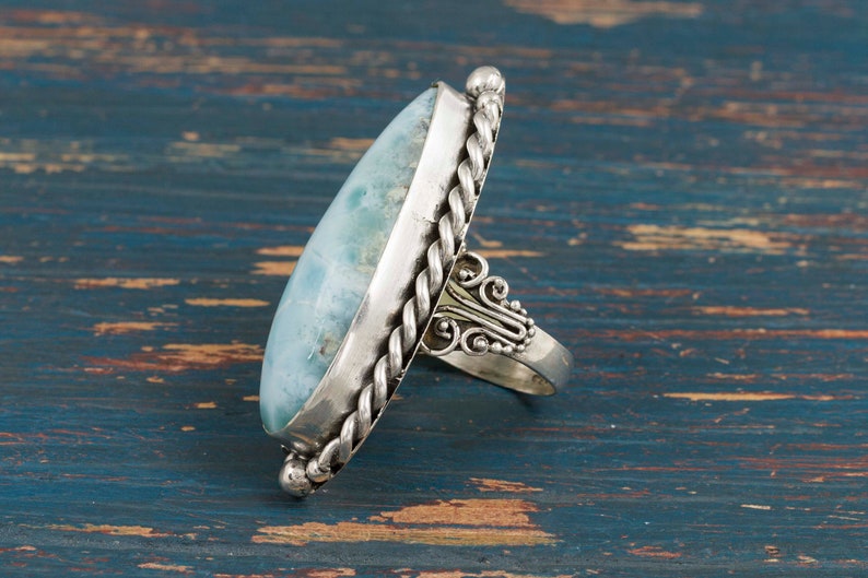 Silver Larimar Ring 7 US Boho Jewelry Blue Ring Silver Ring Best Friend Gift Larimar Jewelry Statement Ring Stone Ring