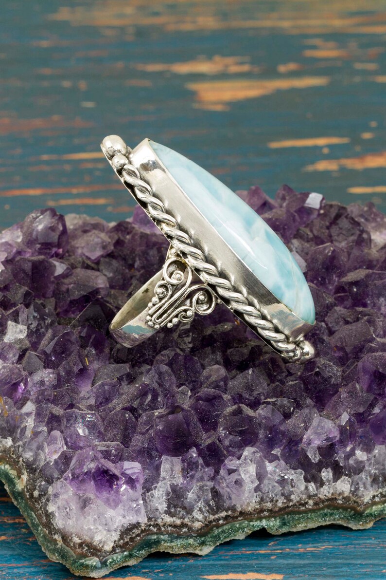 Silver Larimar Ring 7 US Boho Jewelry Blue Ring Silver Ring Best Friend Gift Larimar Jewelry Statement Ring Stone Ring